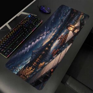 Lót chuột cỡ lớn 80×30 khung cảnh MƯA SAO BĂNG, có cây ĐÈN trên bàn – Deskmat cho gaming setup