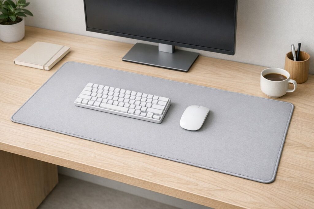 Setup bàn làm việc tối giản với deskmat gọn gàng