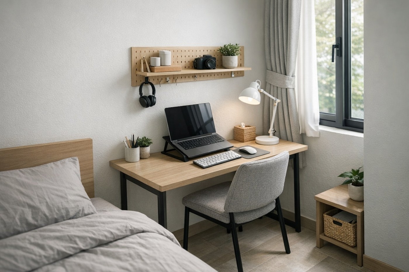 Bố cục bàn làm việc sát tường cạnh cửa sổ trong phòng nhỏ