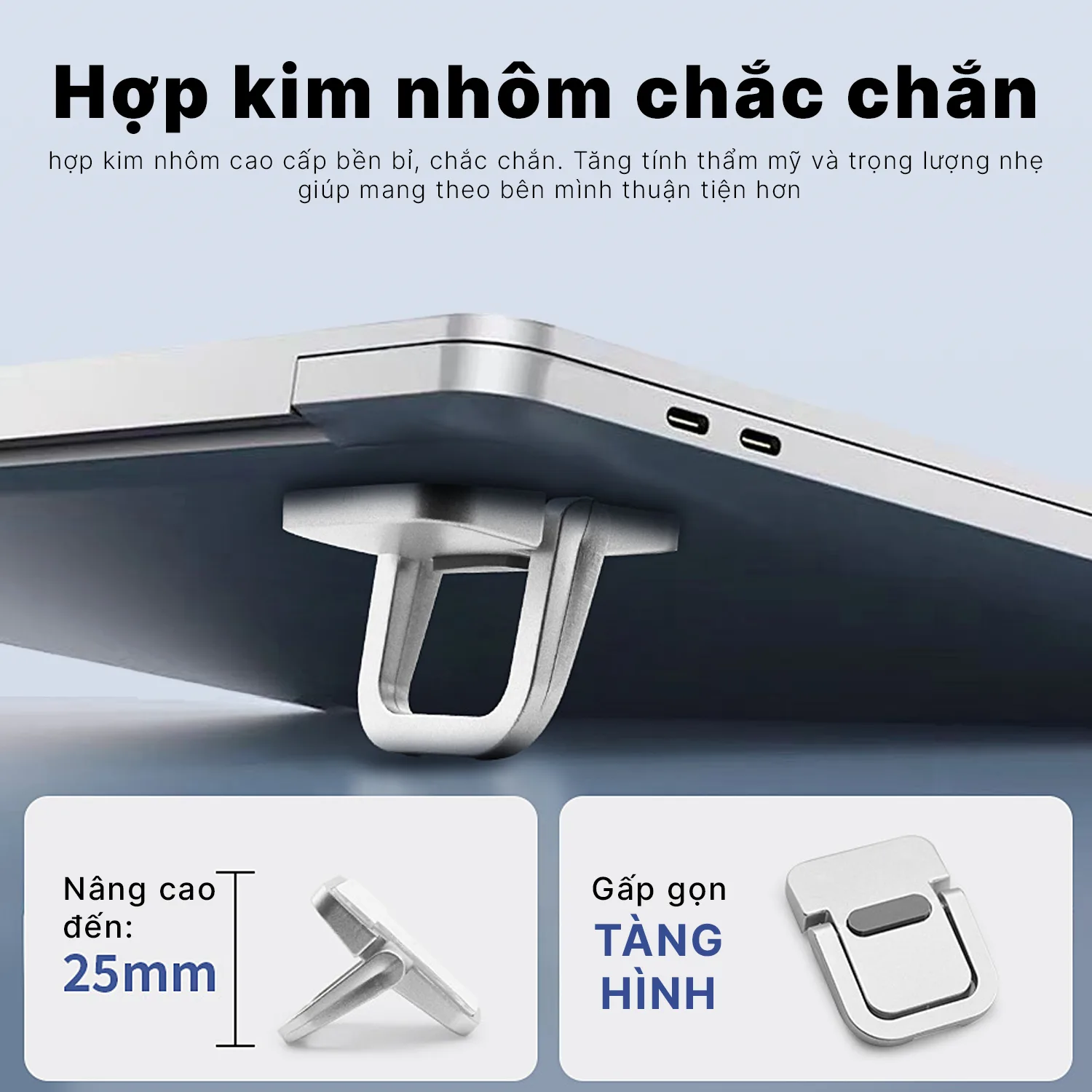 giá đỡ laptop nhôm cận cảnh chất liệu và điểm tiếp xúc